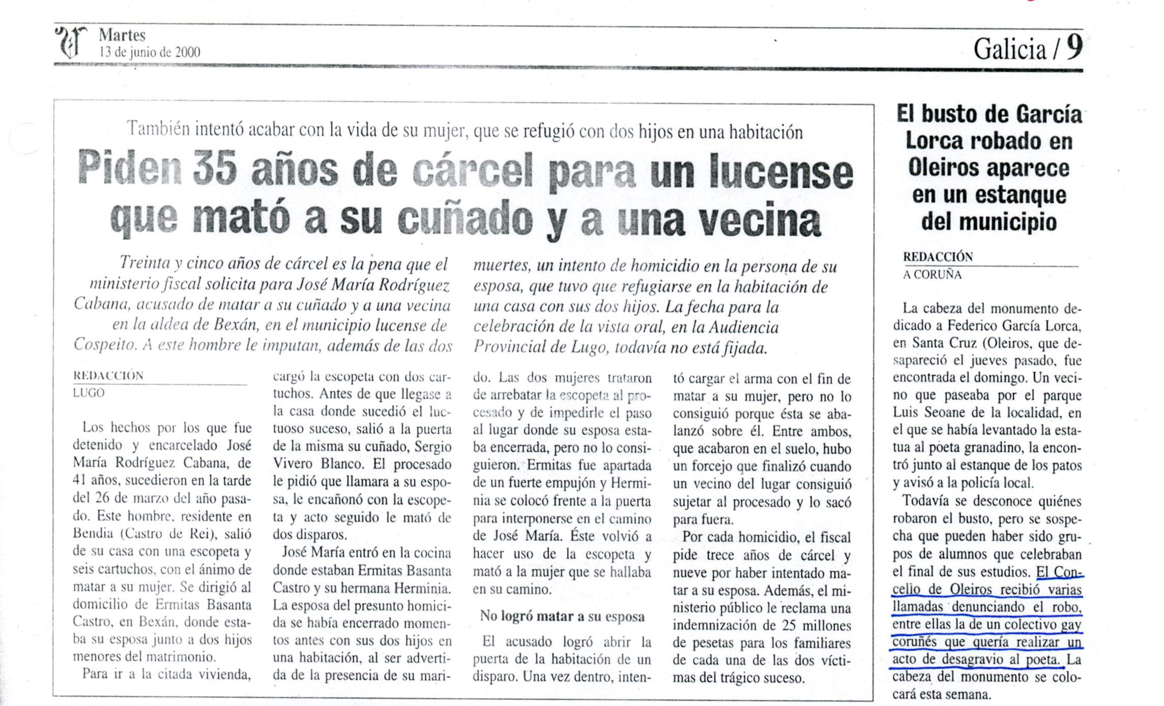 Recorte Prensa Delito de Odio escultura Lorca